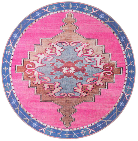 Washable Fuchsia 6' x 6' Timeless Round Area Rug Easy to Clean Stain Resistant & Durable Traditional Classic Vintage Design Carpet for Sale at Rug Engine