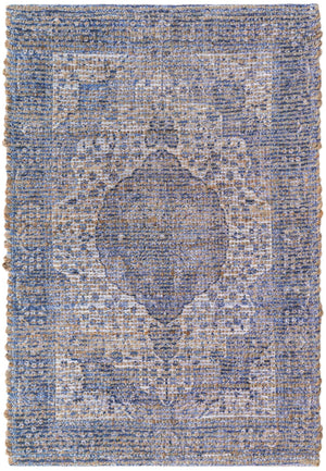 Blue 2' x 3' 1 Chenille Jute Rectangle Area Rug Vintage Distressed Boho All Natural Eco-Friendly Sustainable Carpet for Living Dining Office Dorm Rooms for Sale at Rug Engine