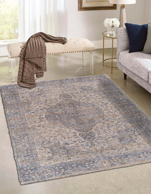 Blue 4' 1 x 6' 1 Chenille Jute Rectangle Area Rug Vintage Distressed Boho All Natural Eco-Friendly Sustainable Carpet for Living Dining Office Dorm Rooms for Sale at Rug Engine