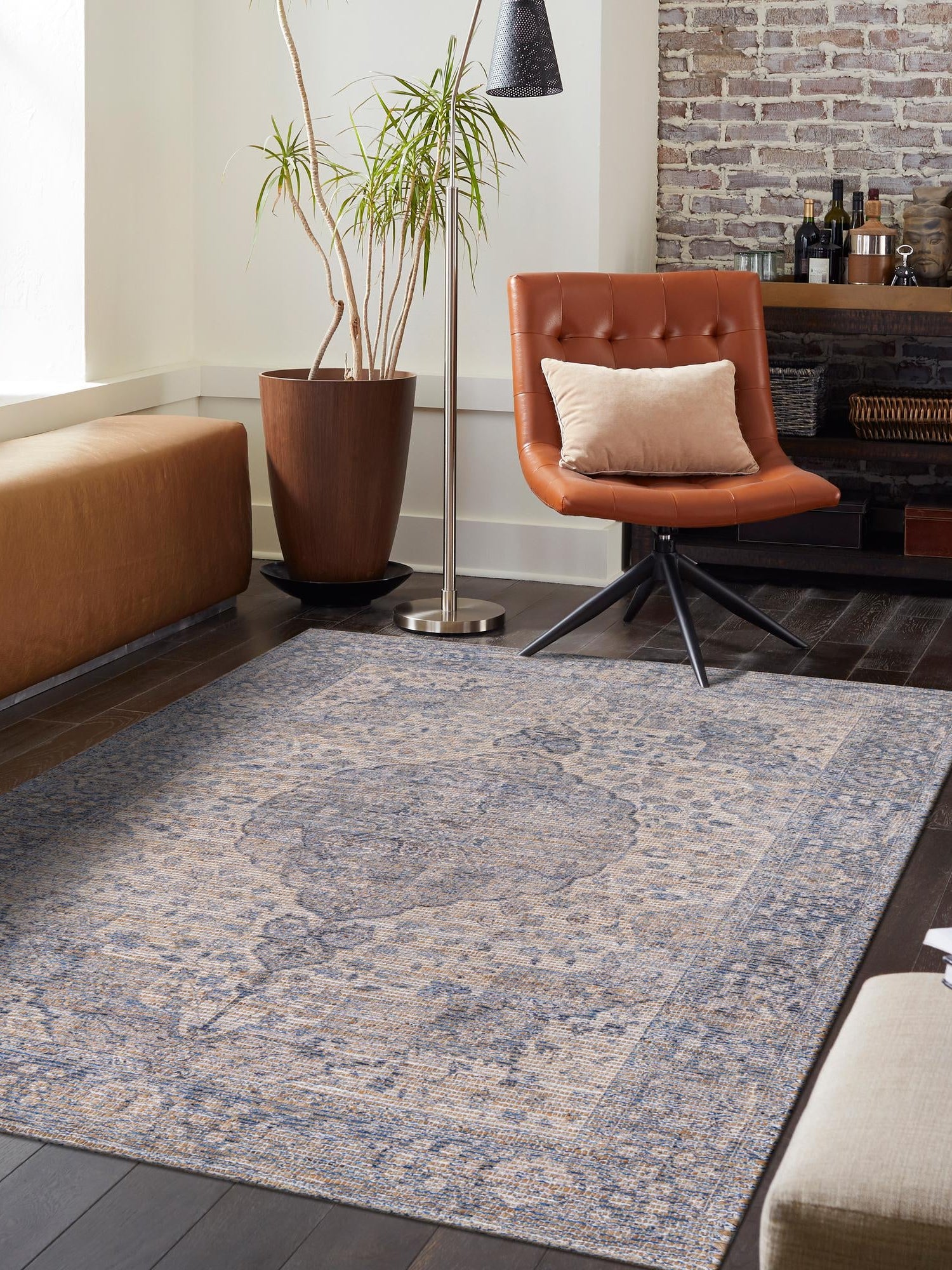 Blue 2' x 3' 1 Chenille Jute Rectangle Area Rug Vintage Distressed Boho All Natural Eco-Friendly Sustainable Carpet for Living Dining Office Dorm Rooms for Sale at Rug Engine