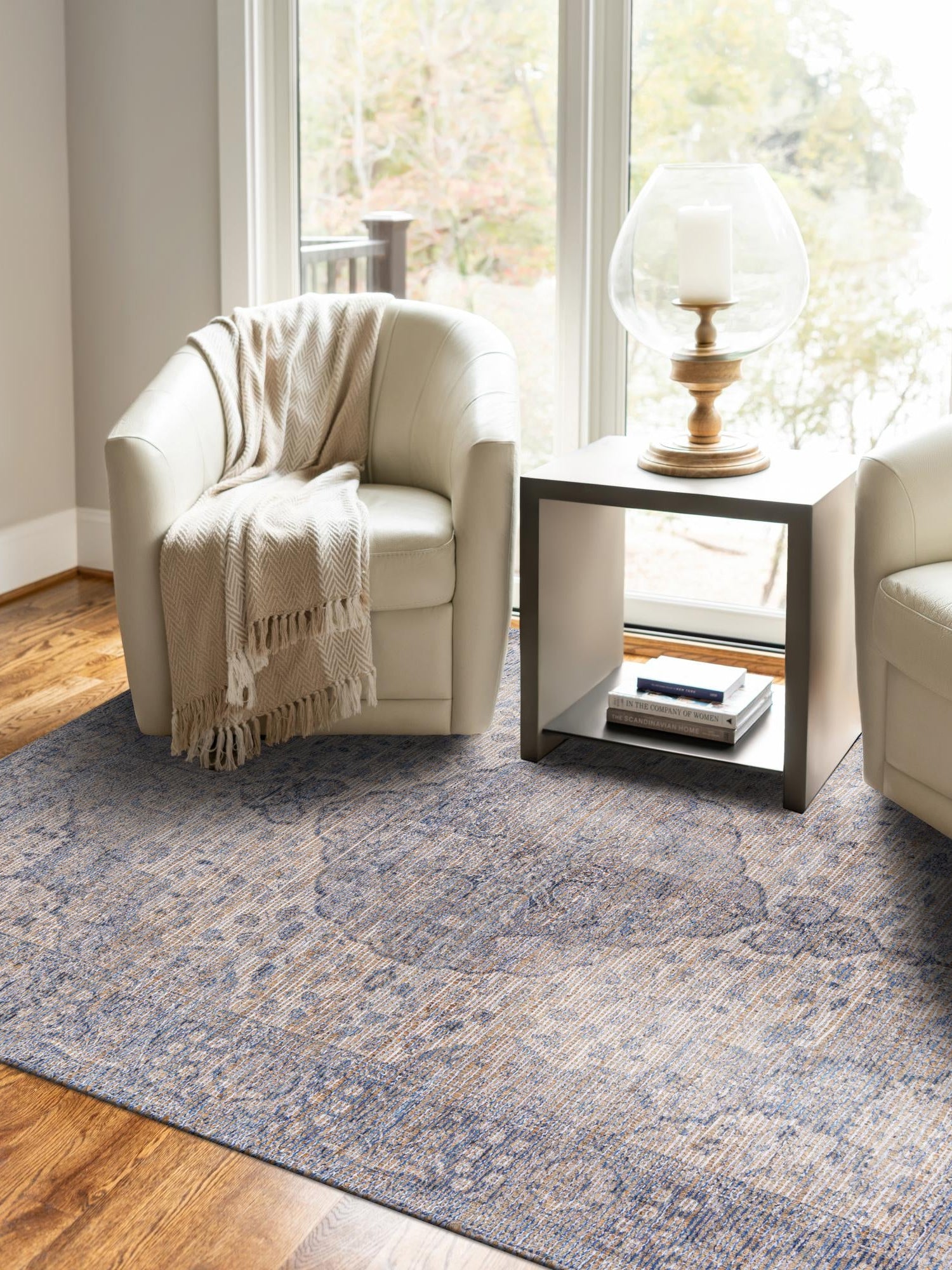 Blue 7' 10 x 10' Chenille Jute Rectangle Area Rug Vintage Distressed Boho All Natural Eco-Friendly Sustainable Carpet for Living Dining Office Dorm Rooms for Sale at Rug Engine