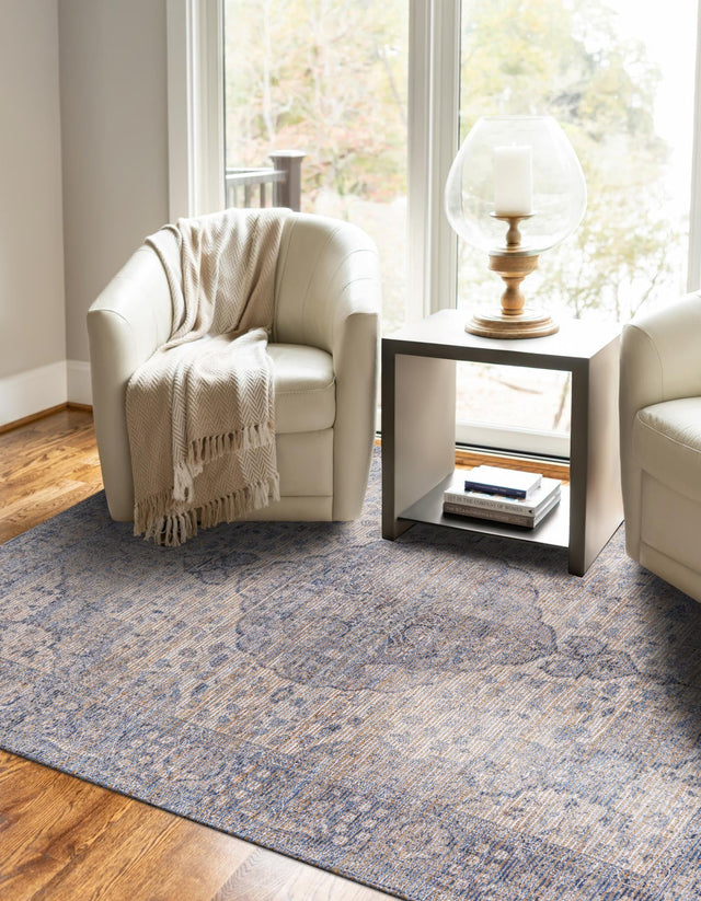Blue 4' 1 x 6' 1 Chenille Jute Rectangle Area Rug Vintage Distressed Boho All Natural Eco-Friendly Sustainable Carpet for Living Dining Office Dorm Rooms for Sale at Rug Engine