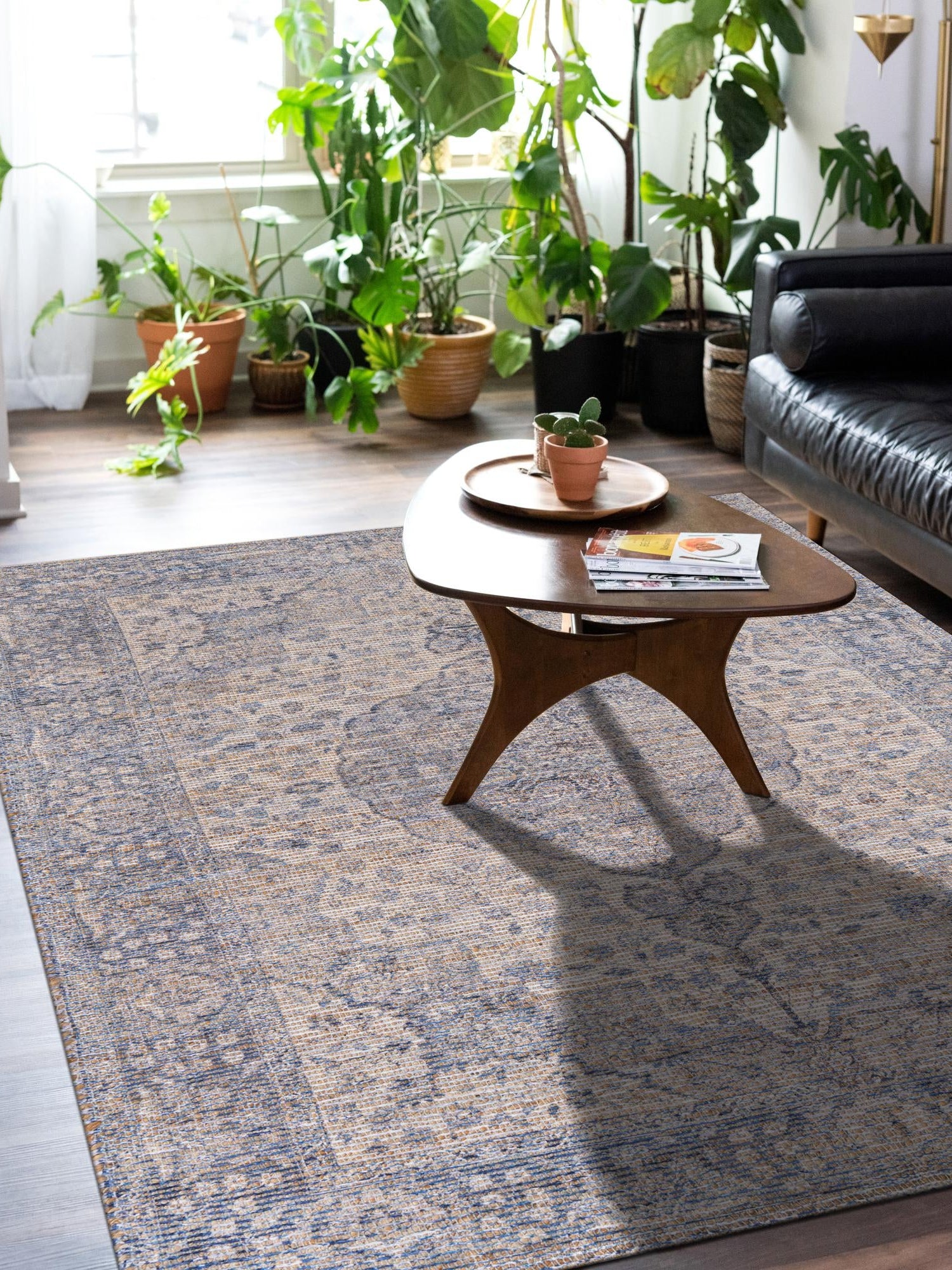 Blue 4' 1 x 6' 1 Chenille Jute Rectangle Area Rug Vintage Distressed Boho All Natural Eco-Friendly Sustainable Carpet for Living Dining Office Dorm Rooms for Sale at Rug Engine