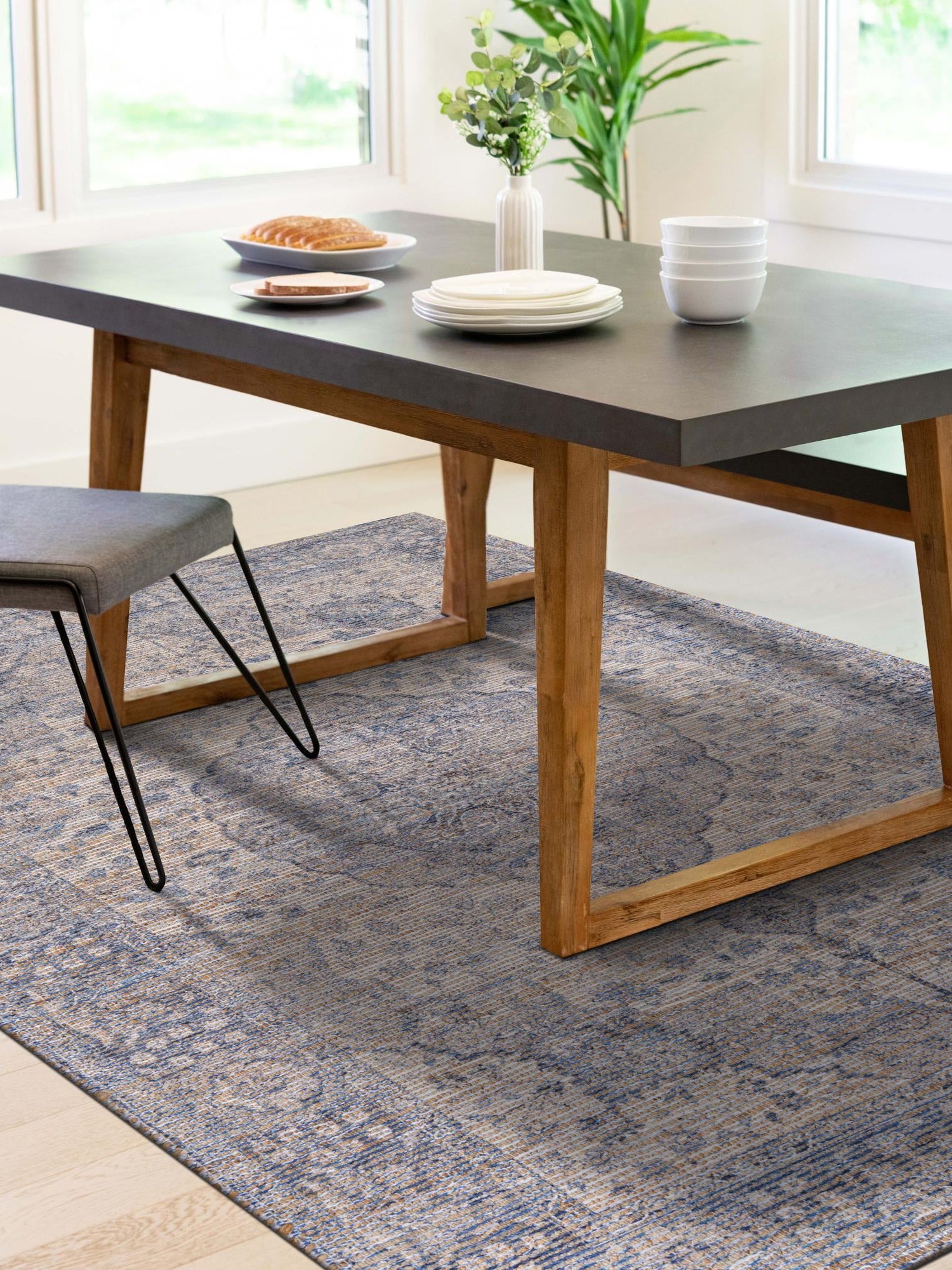Blue 2' x 3' 1 Chenille Jute Rectangle Area Rug Vintage Distressed Boho All Natural Eco-Friendly Sustainable Carpet for Living Dining Office Dorm Rooms for Sale at Rug Engine