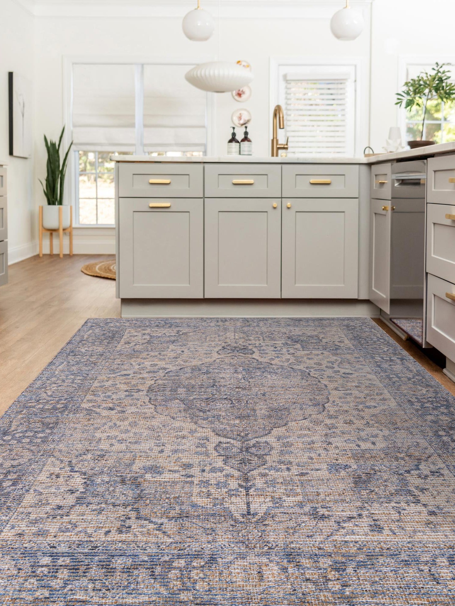 Blue 2' x 3' 1 Chenille Jute Rectangle Area Rug Vintage Distressed Boho All Natural Eco-Friendly Sustainable Carpet for Living Dining Office Dorm Rooms for Sale at Rug Engine