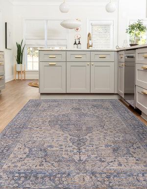 Blue 4' 1 x 6' 1 Chenille Jute Rectangle Area Rug Vintage Distressed Boho All Natural Eco-Friendly Sustainable Carpet for Living Dining Office Dorm Rooms for Sale at Rug Engine