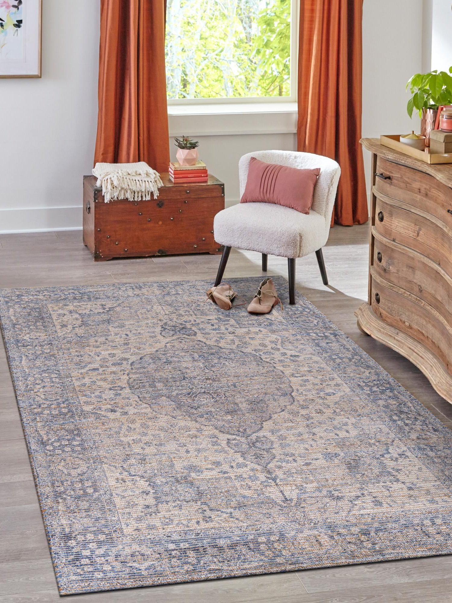 Blue 7' 10 x 10' Chenille Jute Rectangle Area Rug Vintage Distressed Boho All Natural Eco-Friendly Sustainable Carpet for Living Dining Office Dorm Rooms for Sale at Rug Engine