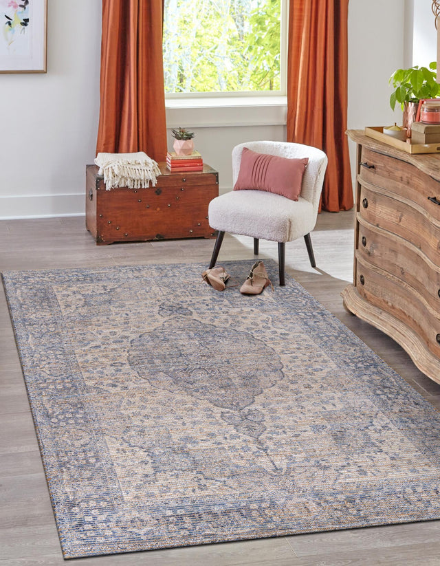 Blue 6' 1 x 9' Chenille Jute Rectangle Area Rug Vintage Distressed Boho All Natural Eco-Friendly Sustainable Carpet for Living Dining Office Dorm Rooms for Sale at Rug Engine