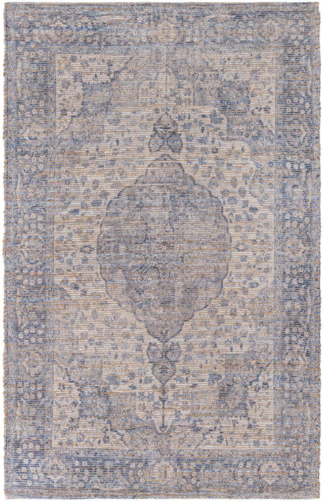 Blue 5' 3 x 8' Chenille Jute Rectangle Area Rug Vintage Distressed Boho All Natural Eco-Friendly Sustainable Carpet for Living Dining Office Dorm Rooms for Sale at Rug Engine