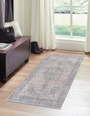 Blue 2' 2 x 6' 1 Chenille Jute Runner Area Rug Vintage Distressed Boho All Natural Eco-Friendly Sustainable Carpet for Living Dining Office Dorm Rooms for Sale at Rug Engine