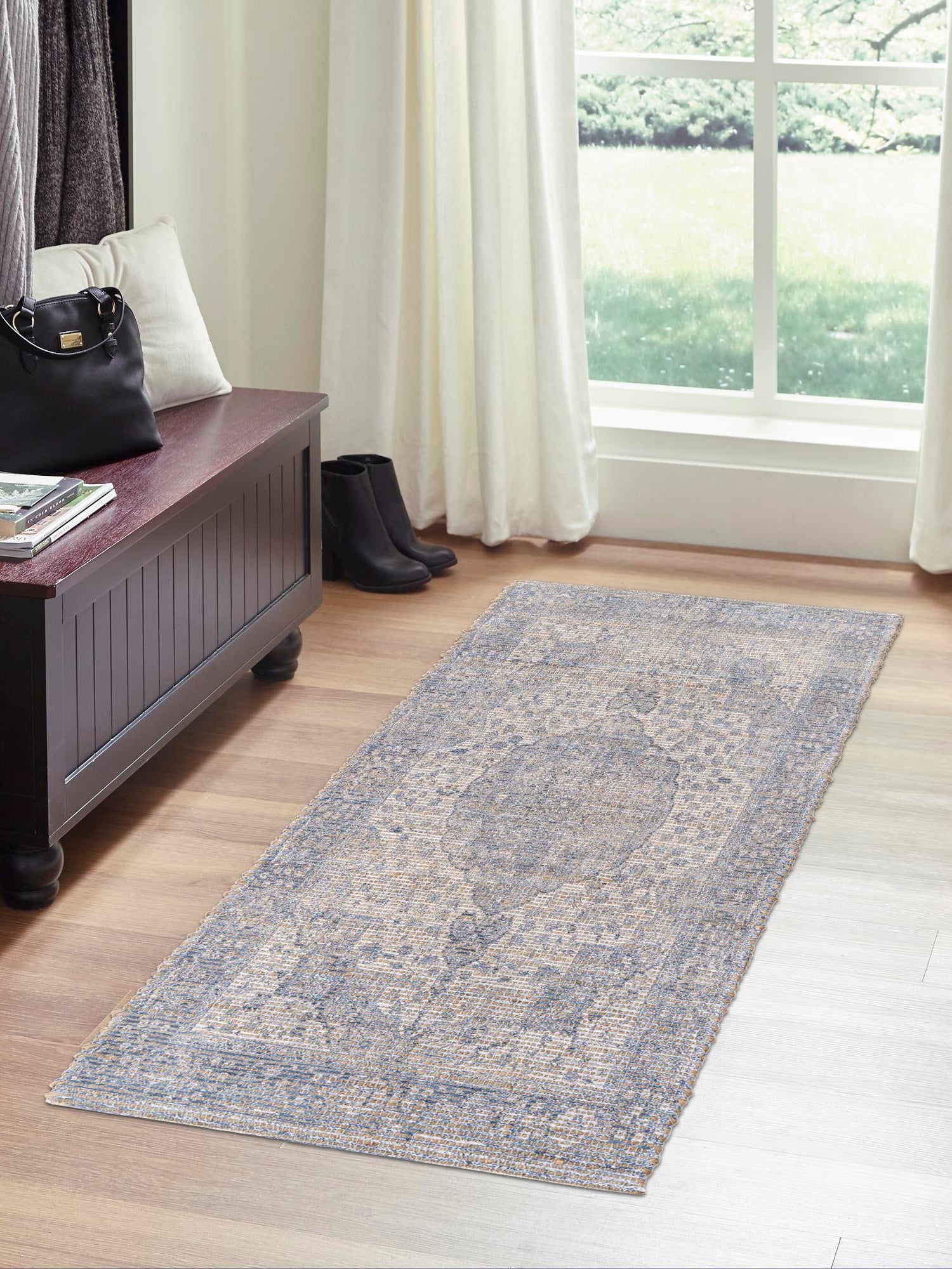 Blue 2' 2 x 8' Chenille Jute Runner Area Rug Vintage Distressed Boho All Natural Eco-Friendly Sustainable Carpet for Living Dining Office Dorm Rooms for Sale at Rug Engine