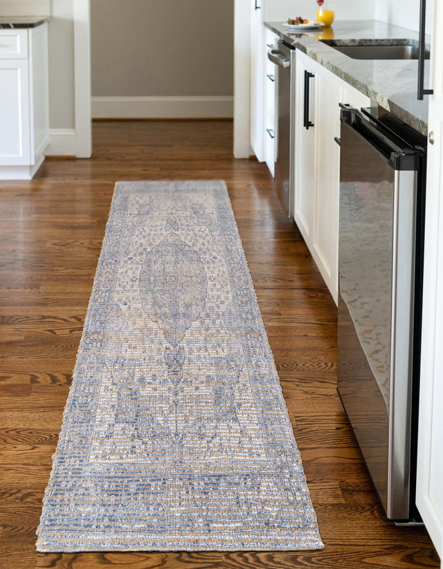 Blue 2' 2 x 8' Chenille Jute Runner Area Rug Vintage Distressed Boho All Natural Eco-Friendly Sustainable Carpet for Living Dining Office Dorm Rooms for Sale at Rug Engine