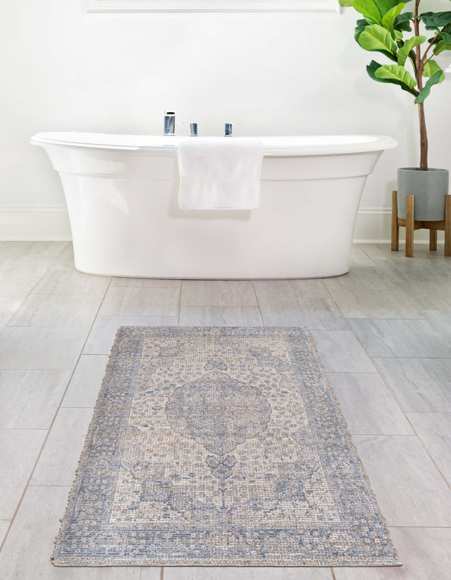 Blue 2' 2 x 8' Chenille Jute Runner Area Rug Vintage Distressed Boho All Natural Eco-Friendly Sustainable Carpet for Living Dining Office Dorm Rooms for Sale at Rug Engine