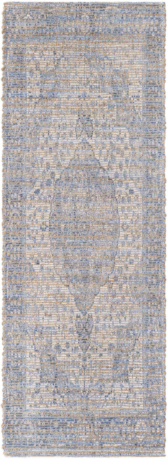 Blue 2' 2 x 6' 1 Chenille Jute Runner Area Rug Vintage Distressed Boho All Natural Eco-Friendly Sustainable Carpet for Living Dining Office Dorm Rooms for Sale at Rug Engine