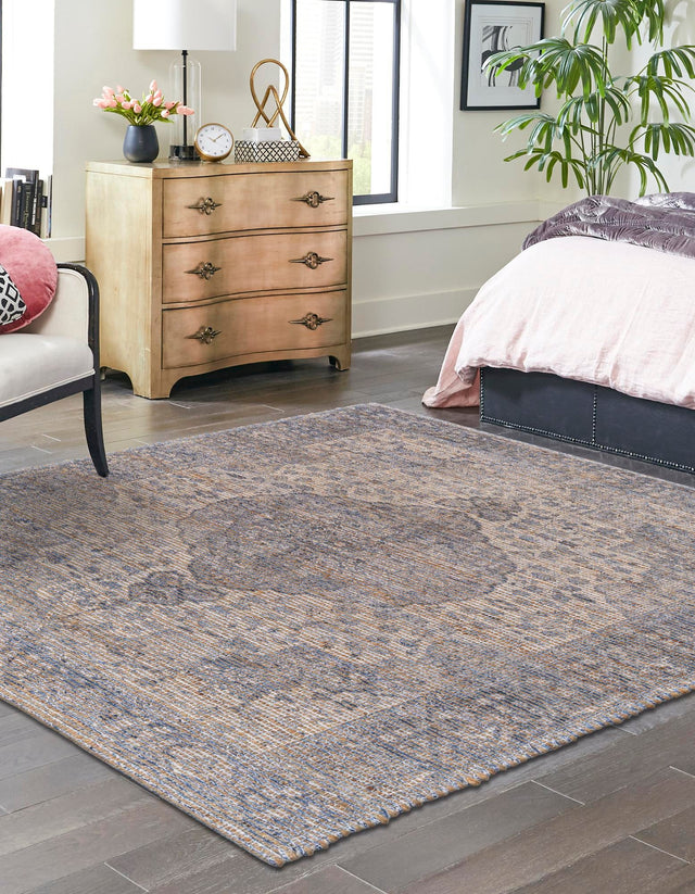 Blue 7' 10 x 7' 10 Chenille Jute Square Area Rug Vintage Distressed Boho All Natural Eco-Friendly Sustainable Carpet for Living Dining Office Dorm Rooms for Sale at Rug Engine