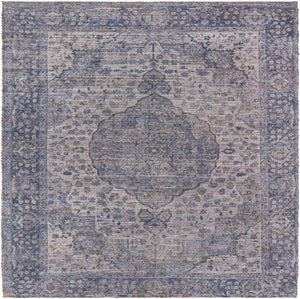 Blue 7' 10 x 7' 10 Chenille Jute Square Area Rug Vintage Distressed Boho All Natural Eco-Friendly Sustainable Carpet for Living Dining Office Dorm Rooms for Sale at Rug Engine