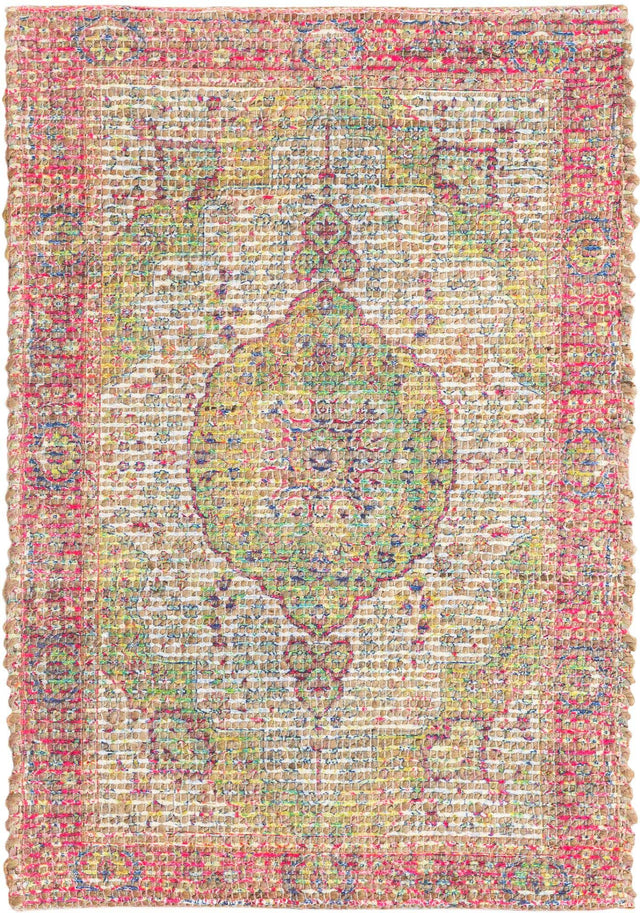 Ivory Pink 2' x 3' 1 Chenille Jute Rectangle Area Rug Vintage Distressed Boho All Natural Eco-Friendly Sustainable Carpet for Living Dining Office Dorm Rooms for Sale at Rug Engine