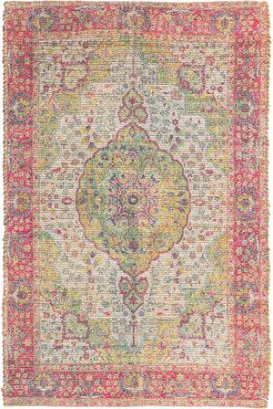 Ivory Pink 4' 1 x 6' 1 Chenille Jute Rectangle Area Rug Vintage Distressed Boho All Natural Eco-Friendly Sustainable Carpet for Living Dining Office Dorm Rooms for Sale at Rug Engine