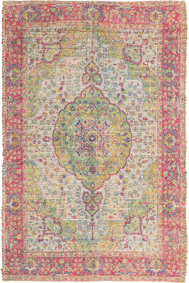 Ivory Pink 4' 1 x 6' 1 Chenille Jute Rectangle Area Rug Vintage Distressed Boho All Natural Eco-Friendly Sustainable Carpet for Living Dining Office Dorm Rooms for Sale at Rug Engine