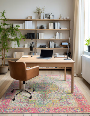 Ivory Pink 7' 10 x 10' Chenille Jute Rectangle Area Rug Vintage Distressed Boho All Natural Eco-Friendly Sustainable Carpet for Living Dining Office Dorm Rooms for Sale at Rug Engine