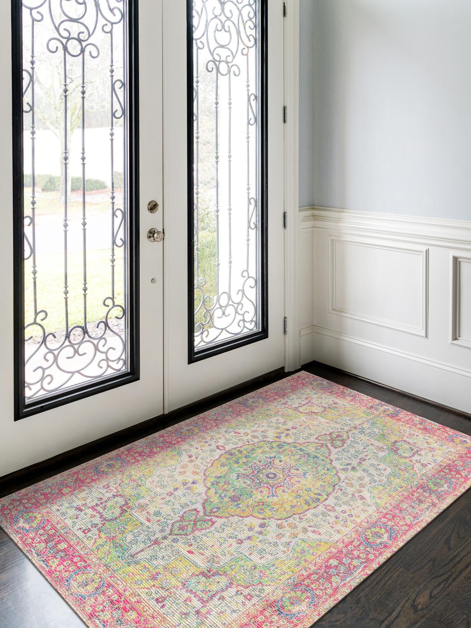 Ivory Pink 6' 1 x 9' Chenille Jute Rectangle Area Rug Vintage Distressed Boho All Natural Eco-Friendly Sustainable Carpet for Living Dining Office Dorm Rooms for Sale at Rug Engine