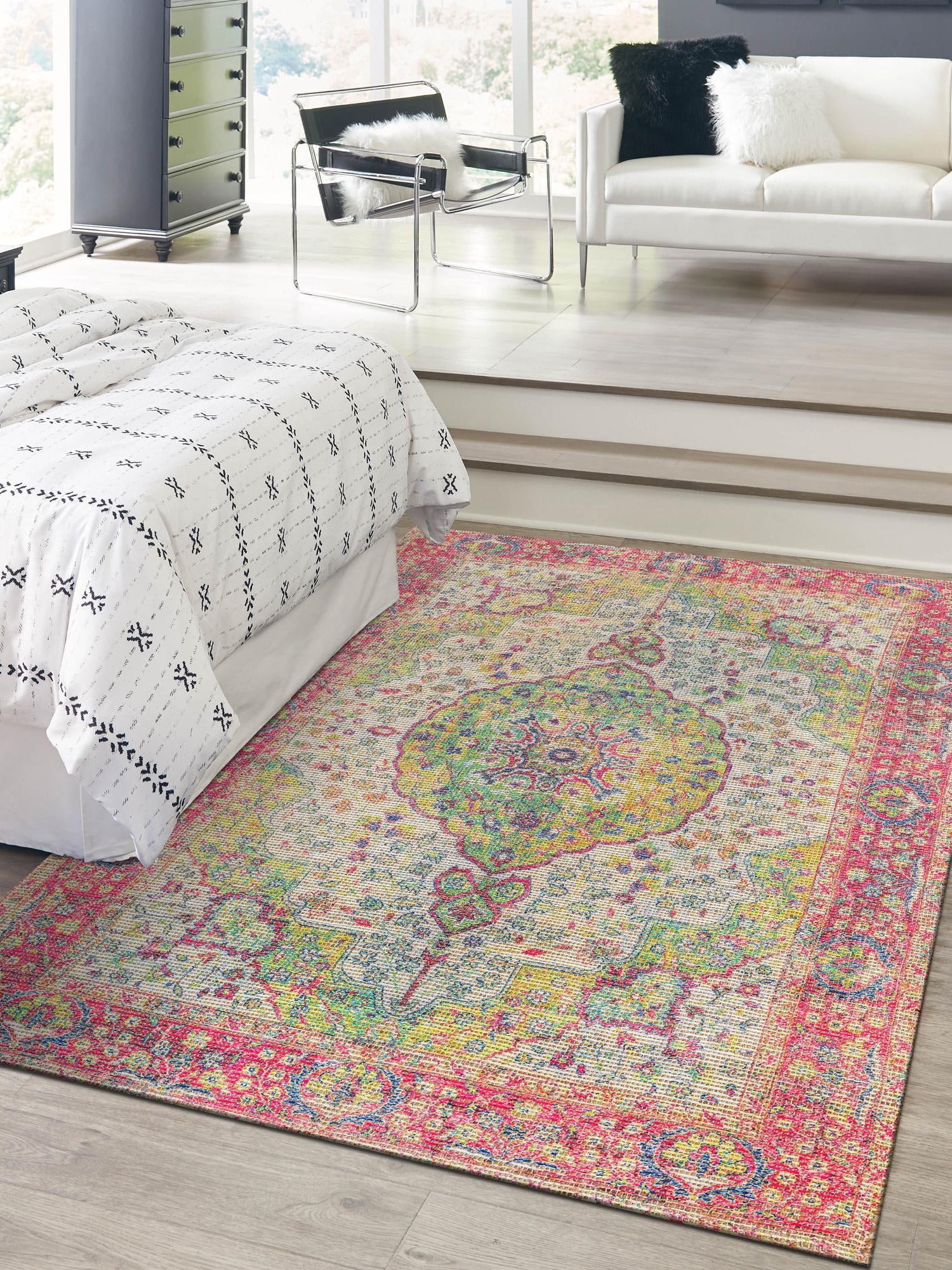 Ivory Pink 6' 1 x 9' Chenille Jute Rectangle Area Rug Vintage Distressed Boho All Natural Eco-Friendly Sustainable Carpet for Living Dining Office Dorm Rooms for Sale at Rug Engine
