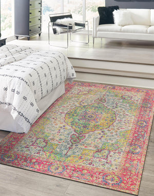 Ivory Pink 4' 1 x 6' 1 Chenille Jute Rectangle Area Rug Vintage Distressed Boho All Natural Eco-Friendly Sustainable Carpet for Living Dining Office Dorm Rooms for Sale at Rug Engine