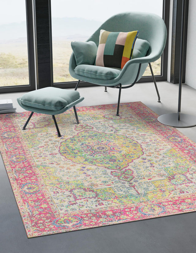 Ivory Pink 4' 1 x 6' 1 Chenille Jute Rectangle Area Rug Vintage Distressed Boho All Natural Eco-Friendly Sustainable Carpet for Living Dining Office Dorm Rooms for Sale at Rug Engine