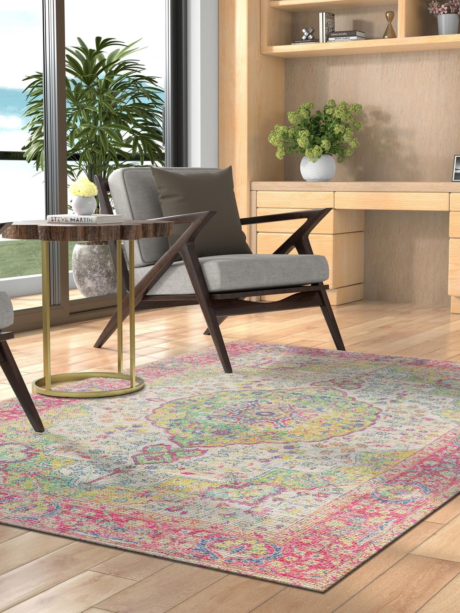 Ivory Pink 7' 10 x 10' Chenille Jute Rectangle Area Rug Vintage Distressed Boho All Natural Eco-Friendly Sustainable Carpet for Living Dining Office Dorm Rooms for Sale at Rug Engine