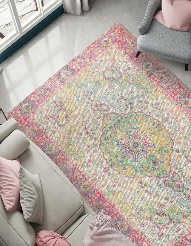 Ivory Pink 6' 1 x 9' Chenille Jute Rectangle Area Rug Vintage Distressed Boho All Natural Eco-Friendly Sustainable Carpet for Living Dining Office Dorm Rooms for Sale at Rug Engine