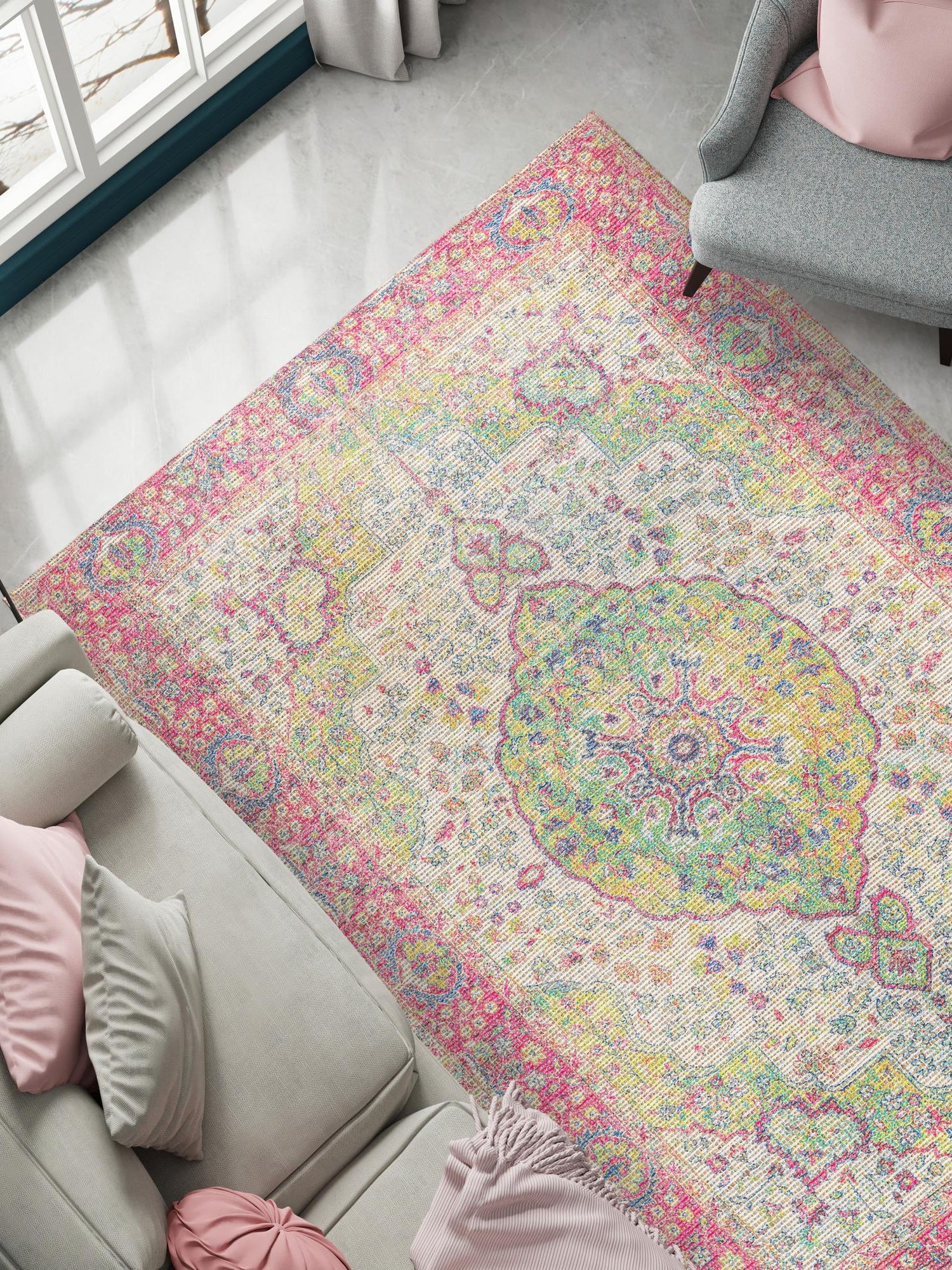 Ivory Pink 7' 10 x 10' Chenille Jute Rectangle Area Rug Vintage Distressed Boho All Natural Eco-Friendly Sustainable Carpet for Living Dining Office Dorm Rooms for Sale at Rug Engine