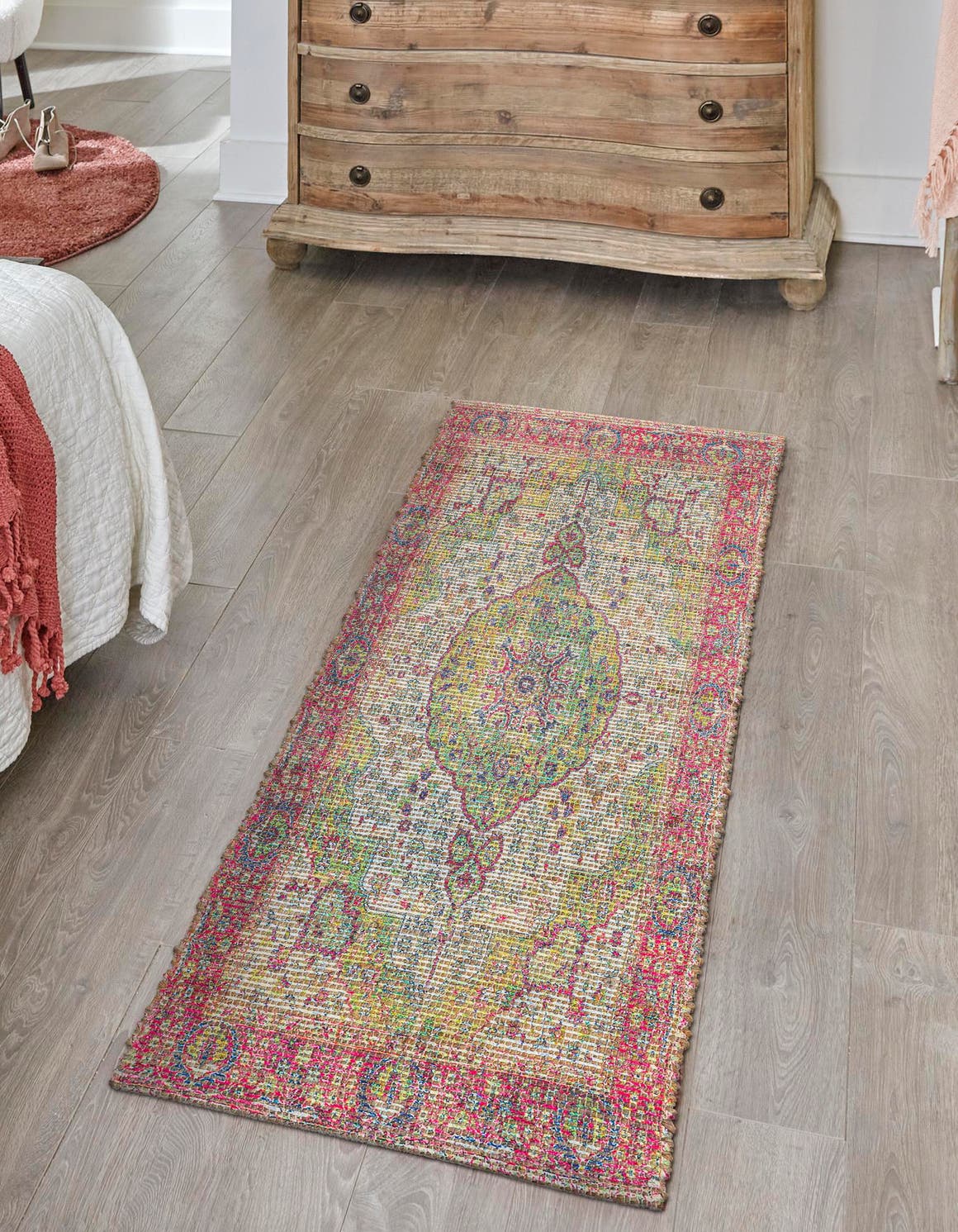 Ivory Pink 2' 2 x 8' Chenille Jute Runner Area Rug Vintage Distressed Boho All Natural Eco-Friendly Sustainable Carpet for Living Dining Office Dorm Rooms for Sale at Rug Engine