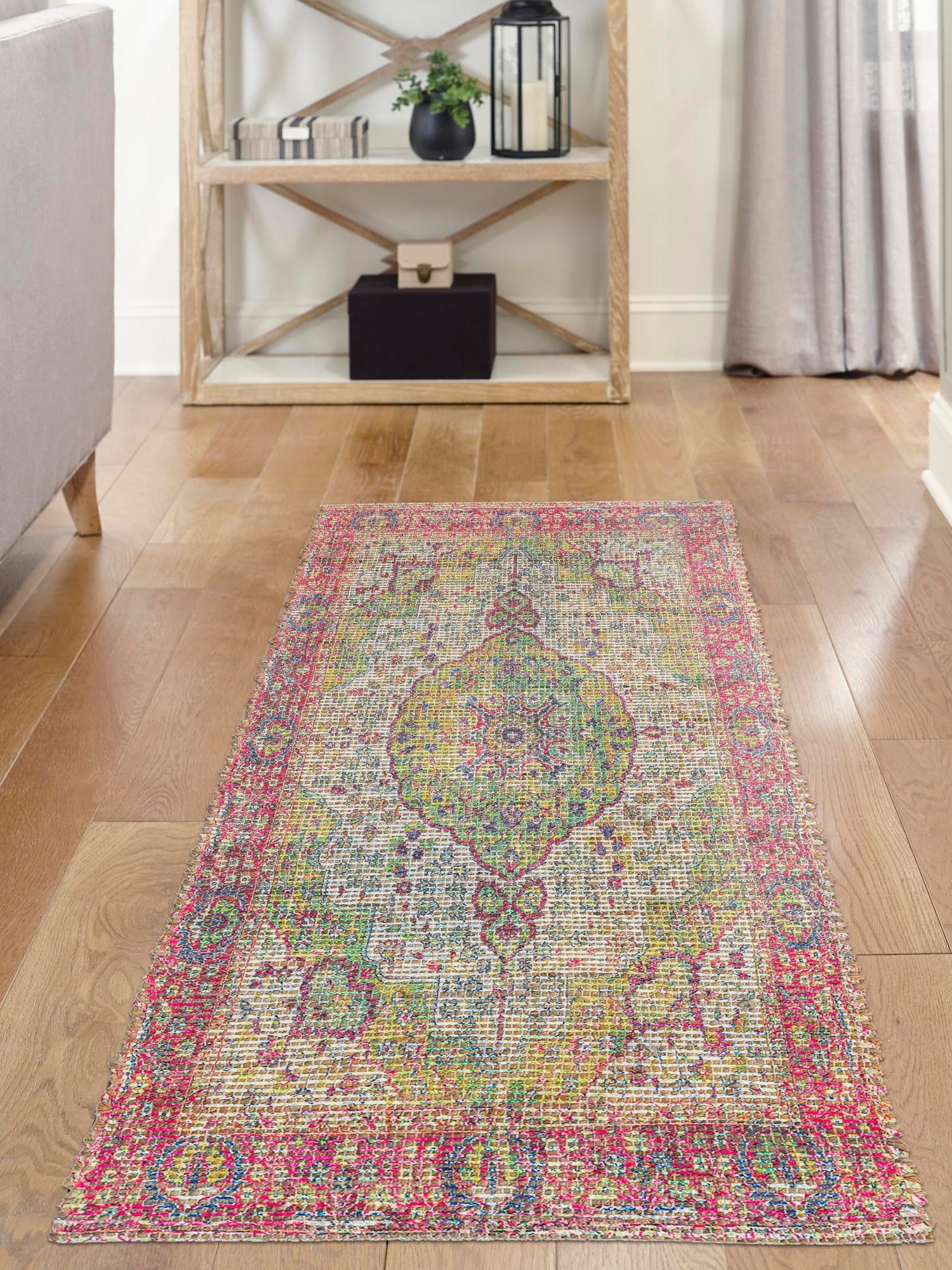 Ivory Pink 2' 2 x 6' 1 Chenille Jute Runner Area Rug Vintage Distressed Boho All Natural Eco-Friendly Sustainable Carpet for Living Dining Office Dorm Rooms for Sale at Rug Engine