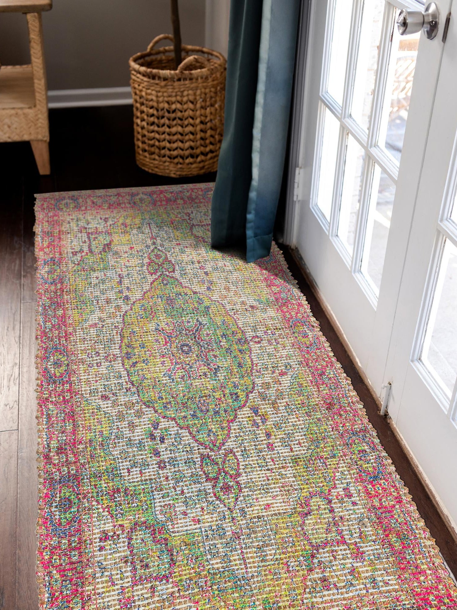 Ivory Pink 2' 2 x 6' 1 Chenille Jute Runner Area Rug Vintage Distressed Boho All Natural Eco-Friendly Sustainable Carpet for Living Dining Office Dorm Rooms for Sale at Rug Engine