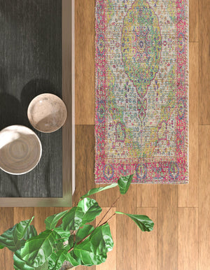 Ivory Pink 2' 2 x 6' 1 Chenille Jute Runner Area Rug Vintage Distressed Boho All Natural Eco-Friendly Sustainable Carpet for Living Dining Office Dorm Rooms for Sale at Rug Engine