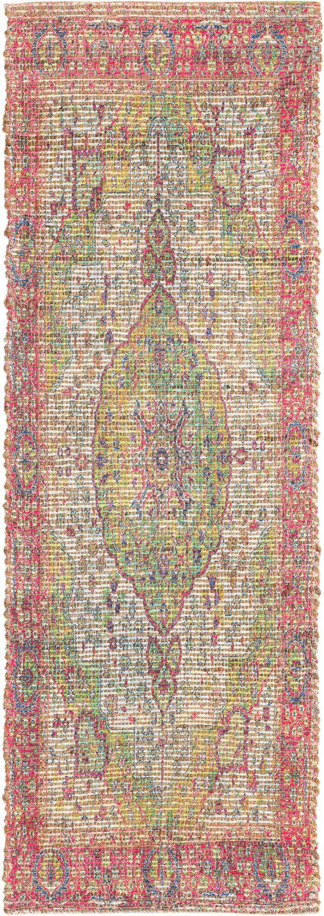 Ivory Pink 2' 2 x 6' 1 Chenille Jute Runner Area Rug Vintage Distressed Boho All Natural Eco-Friendly Sustainable Carpet for Living Dining Office Dorm Rooms for Sale at Rug Engine