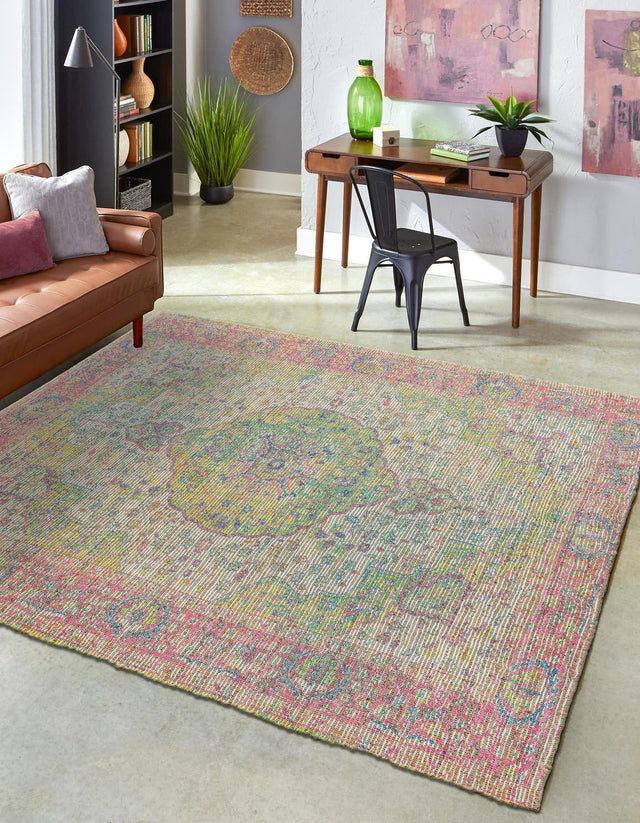 Ivory Pink 7' 10 x 7' 10 Chenille Jute Square Area Rug Vintage Distressed Boho All Natural Eco-Friendly Sustainable Carpet for Living Dining Office Dorm Rooms for Sale at Rug Engine