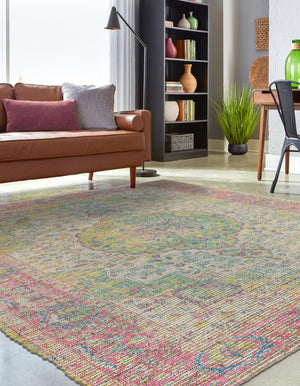 Ivory Pink 7' 10 x 7' 10 Chenille Jute Square Area Rug Vintage Distressed Boho All Natural Eco-Friendly Sustainable Carpet for Living Dining Office Dorm Rooms for Sale at Rug Engine