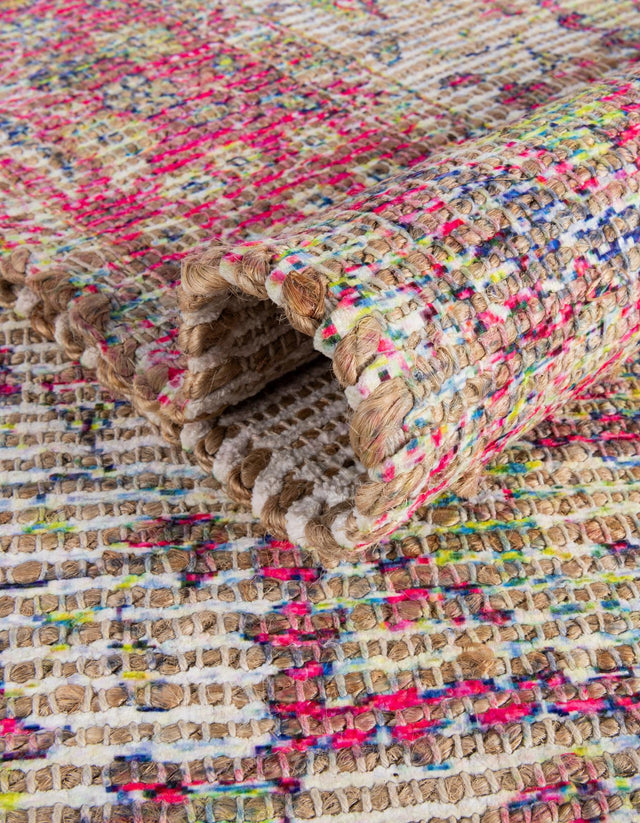 Ivory Pink 7' 10 x 7' 10 Chenille Jute Square Area Rug Vintage Distressed Boho All Natural Eco-Friendly Sustainable Carpet for Living Dining Office Dorm Rooms for Sale at Rug Engine