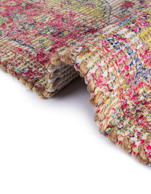 Ivory Pink 7' 10 x 7' 10 Chenille Jute Square Area Rug Vintage Distressed Boho All Natural Eco-Friendly Sustainable Carpet for Living Dining Office Dorm Rooms for Sale at Rug Engine