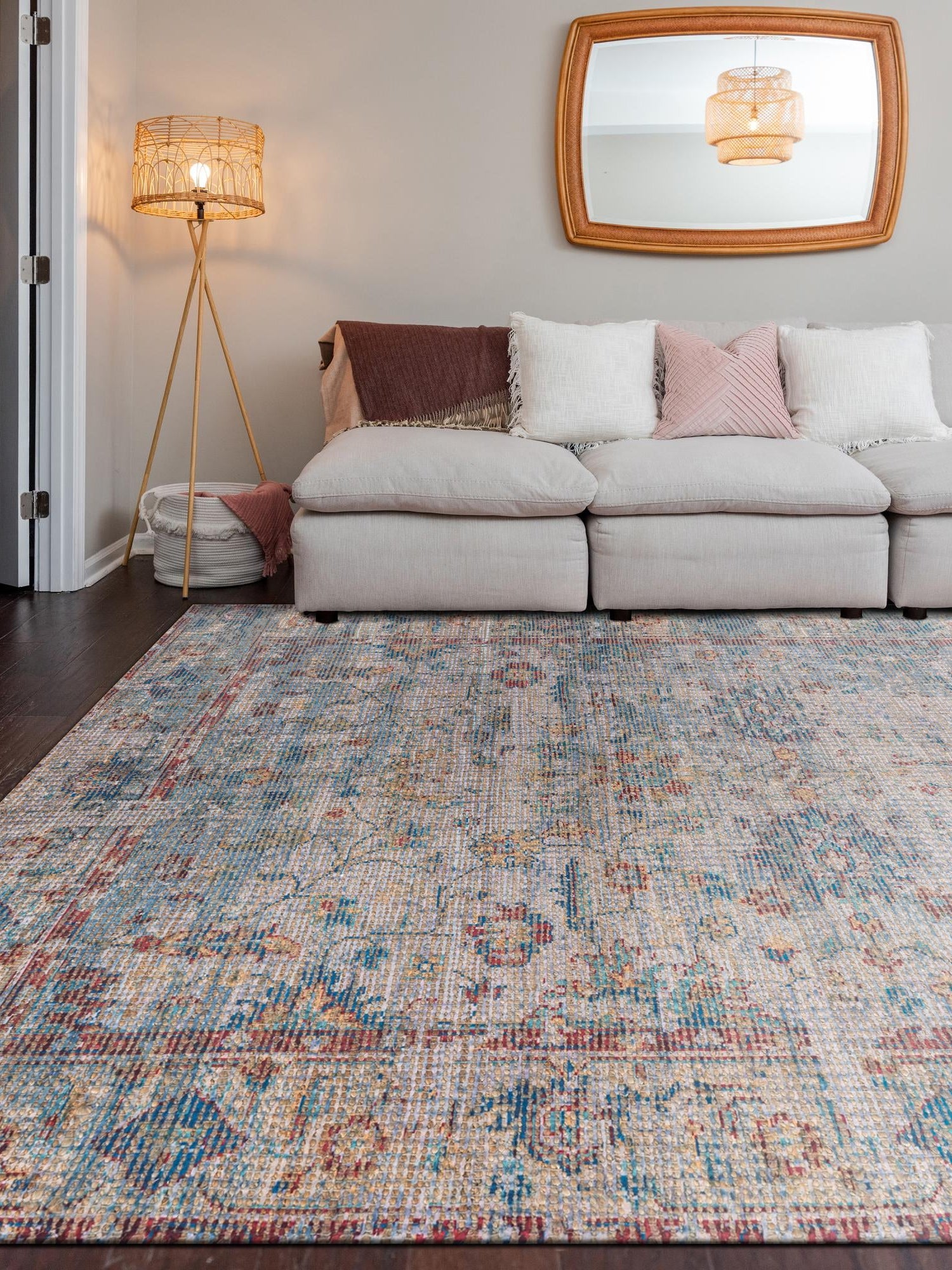 Teal blue 6' 1 x 9' Chenille Jute Rectangle Area Rug Vintage Distressed Boho All Natural Eco-Friendly Sustainable Carpet for Living Dining Office Dorm Rooms for Sale at Rug Engine