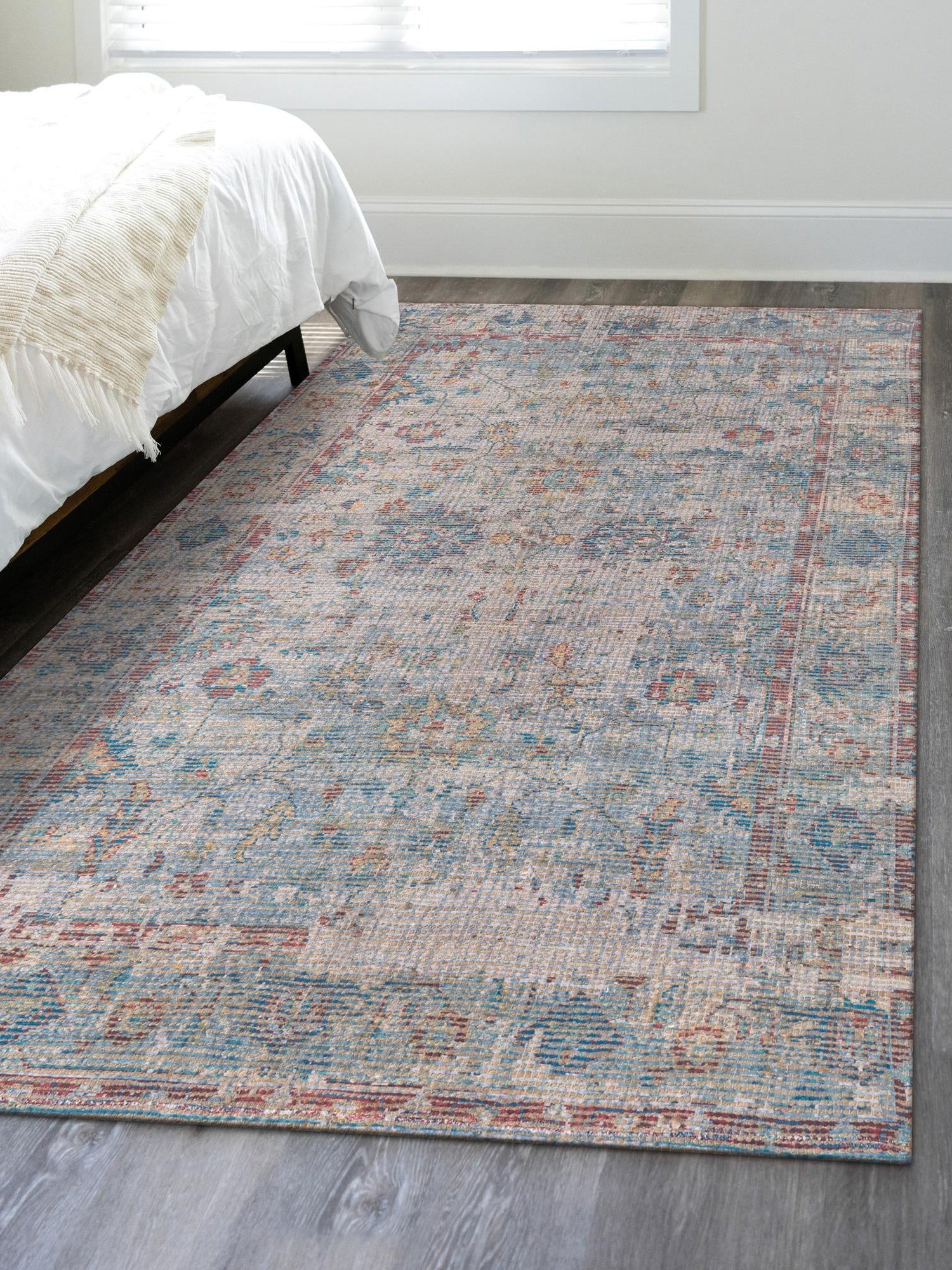 Teal blue 7' 10 x 10' Chenille Jute Rectangle Area Rug Vintage Distressed Boho All Natural Eco-Friendly Sustainable Carpet for Living Dining Office Dorm Rooms for Sale at Rug Engine