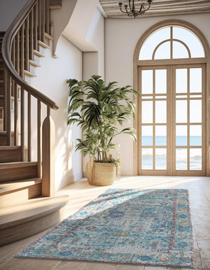 Teal blue 2' 2 x 8' Chenille Jute Runner Area Rug Vintage Distressed Boho All Natural Eco-Friendly Sustainable Carpet for Living Dining Office Dorm Rooms for Sale at Rug Engine