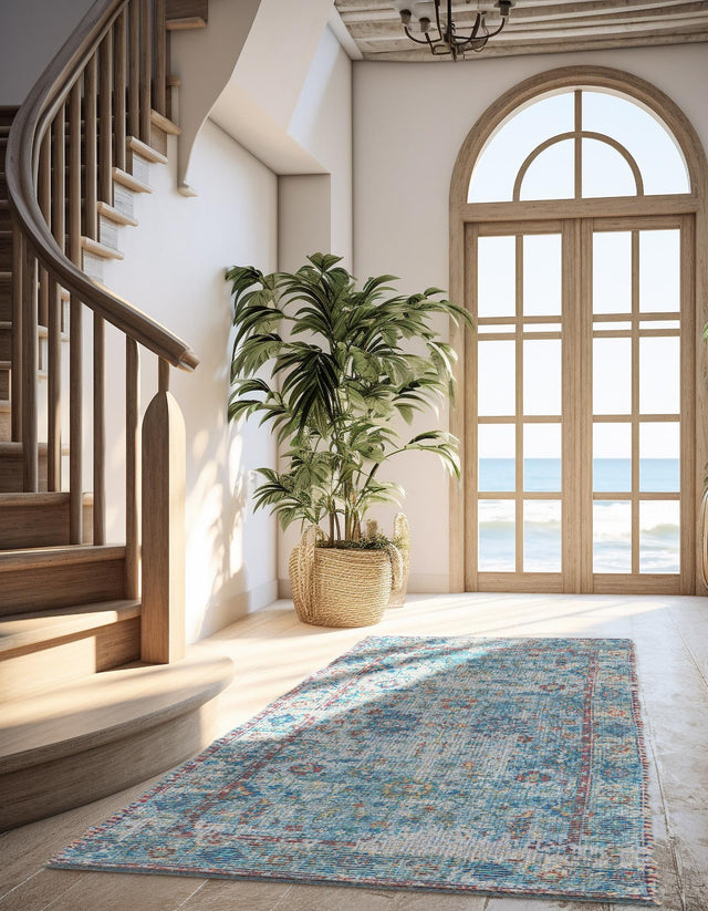 Teal blue 2' 2 x 8' Chenille Jute Runner Area Rug Vintage Distressed Boho All Natural Eco-Friendly Sustainable Carpet for Living Dining Office Dorm Rooms for Sale at Rug Engine
