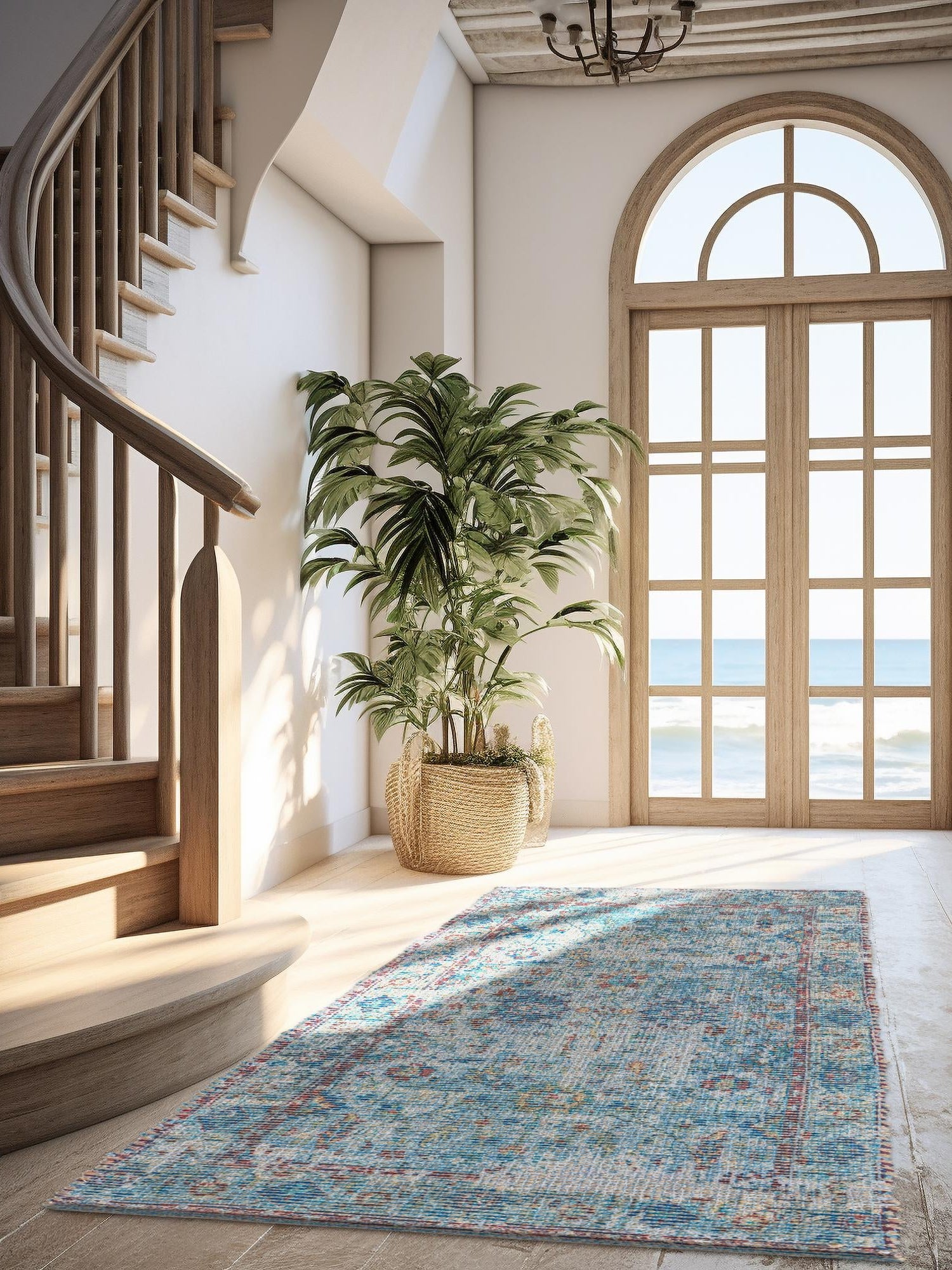 Teal blue 2' 2 x 6' 1 Chenille Jute Runner Area Rug Vintage Distressed Boho All Natural Eco-Friendly Sustainable Carpet for Living Dining Office Dorm Rooms for Sale at Rug Engine