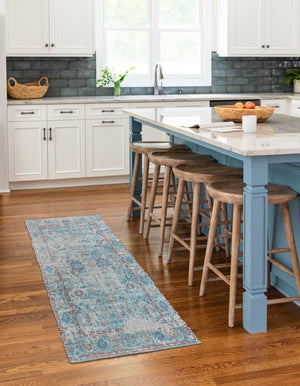 Teal blue 2' 2 x 8' Chenille Jute Runner Area Rug Vintage Distressed Boho All Natural Eco-Friendly Sustainable Carpet for Living Dining Office Dorm Rooms for Sale at Rug Engine