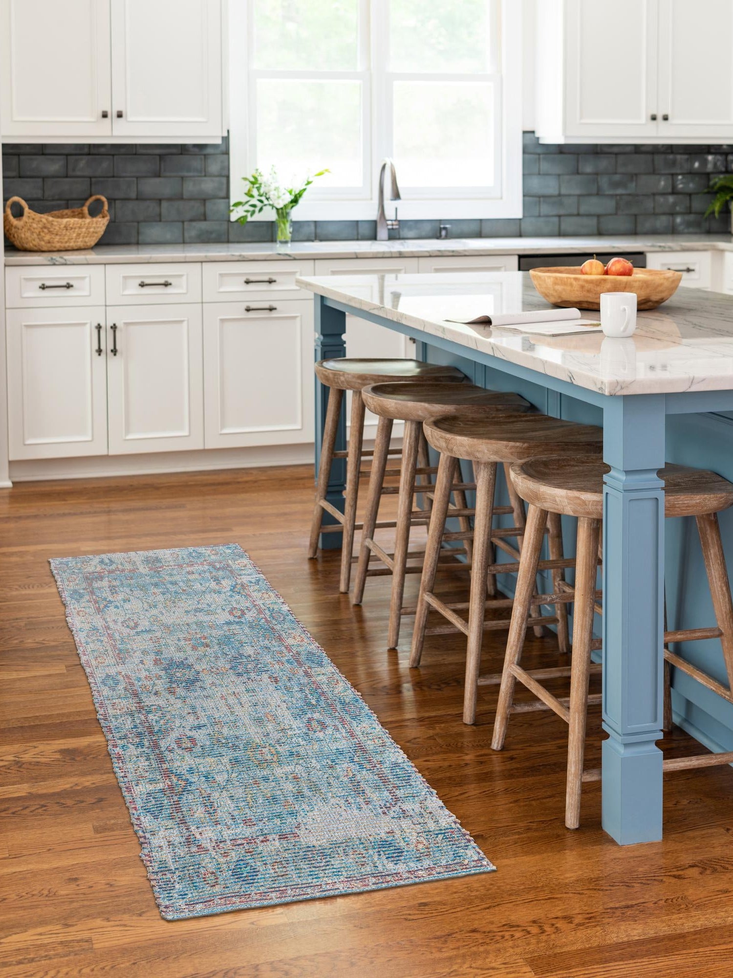 Teal blue 2' 2 x 6' 1 Chenille Jute Runner Area Rug Vintage Distressed Boho All Natural Eco-Friendly Sustainable Carpet for Living Dining Office Dorm Rooms for Sale at Rug Engine