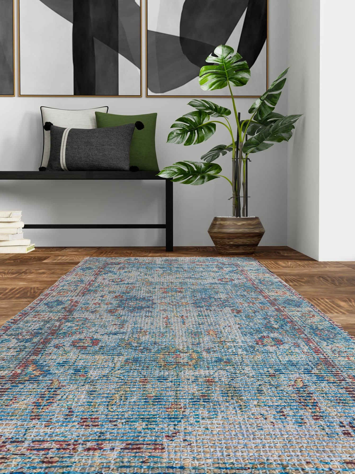 Teal blue 2' 2 x 6' 1 Chenille Jute Runner Area Rug Vintage Distressed Boho All Natural Eco-Friendly Sustainable Carpet for Living Dining Office Dorm Rooms for Sale at Rug Engine