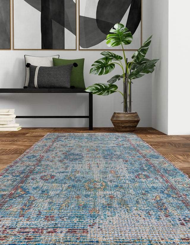 Teal blue 2' 2 x 6' 1 Chenille Jute Runner Area Rug Vintage Distressed Boho All Natural Eco-Friendly Sustainable Carpet for Living Dining Office Dorm Rooms for Sale at Rug Engine