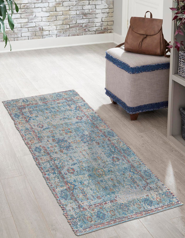 Teal blue 2' 2 x 8' Chenille Jute Runner Area Rug Vintage Distressed Boho All Natural Eco-Friendly Sustainable Carpet for Living Dining Office Dorm Rooms for Sale at Rug Engine